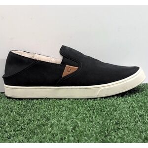 Olukai Pehuea Heu Shoes Womens 7 M Black Suede Leather Daily Slip On Sheep Lined